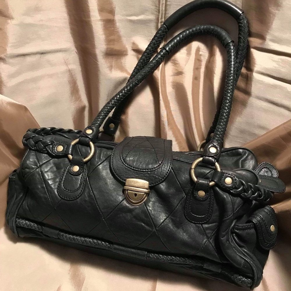 Hype Black Quilted Leather Satchel with Braided Handles